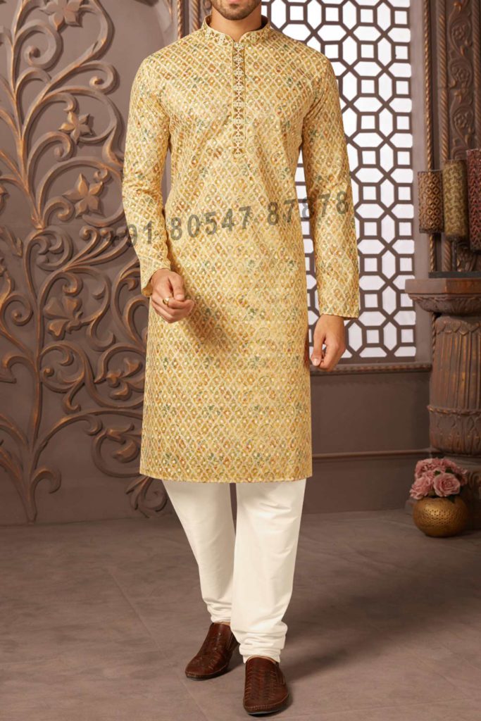 Men Golden Brown Paisley Digital Print Poly Blend Kurta Pyjama main image 0