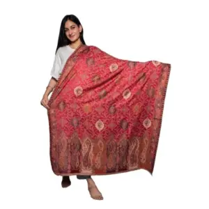 Bright Red Antique Design Kani Women Embroidered Shawl