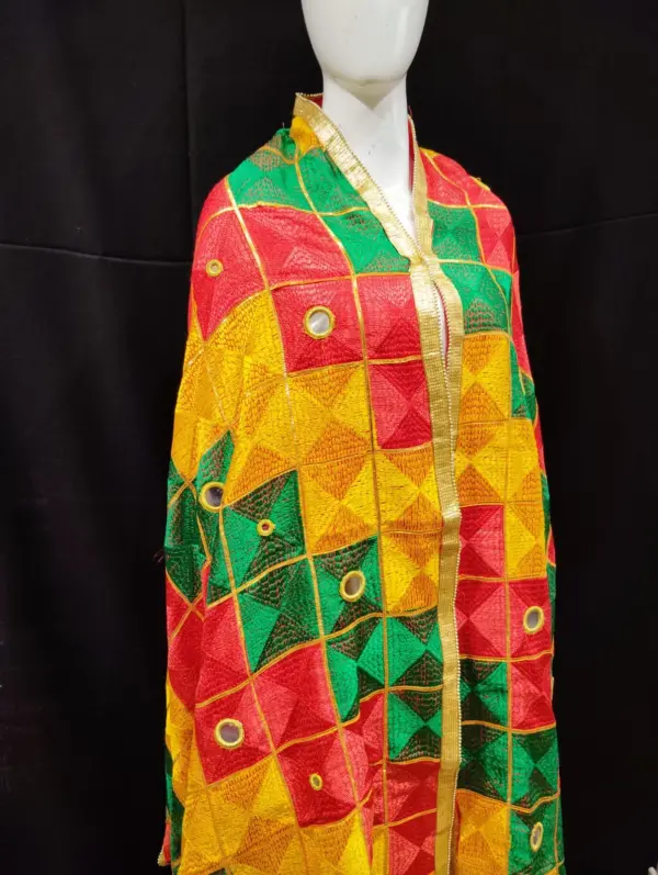 Multicolor Embroidered Phulkari Dupatta with Mirrors