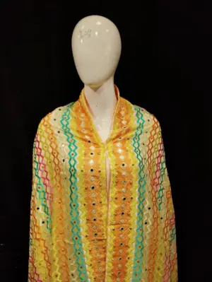 Yellow Phulkari Dupatta with Multicolor Embroidery