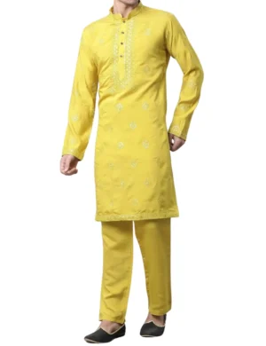 Yellow Embroidered Kurta Pajama Set for Men