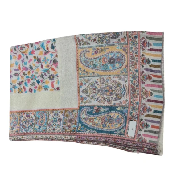 White Pashmina Unisex Shawl with Paisley Border Embroidery