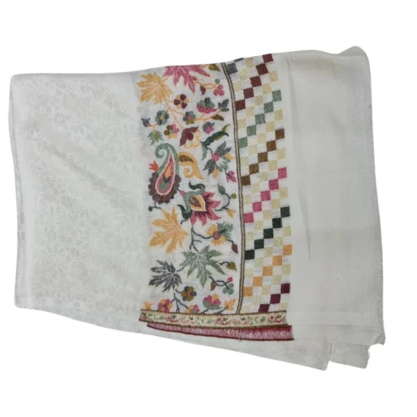 White Pashmina Unisex Shawl with Multicolor Embroidery Border