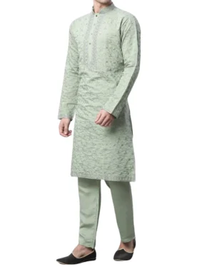 Buy Pista Green Embroidered Kurta Pajama For Men Online