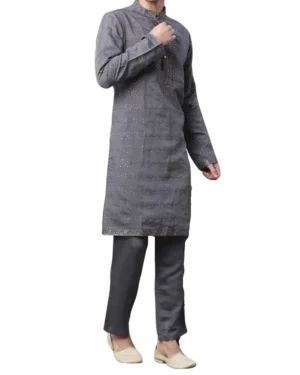 Buy Dark Grey Embroidered Kurta Pajama For Men Online