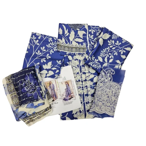 Royal Blue Printed Pakistani Suit with Embroidered Border (Flora)