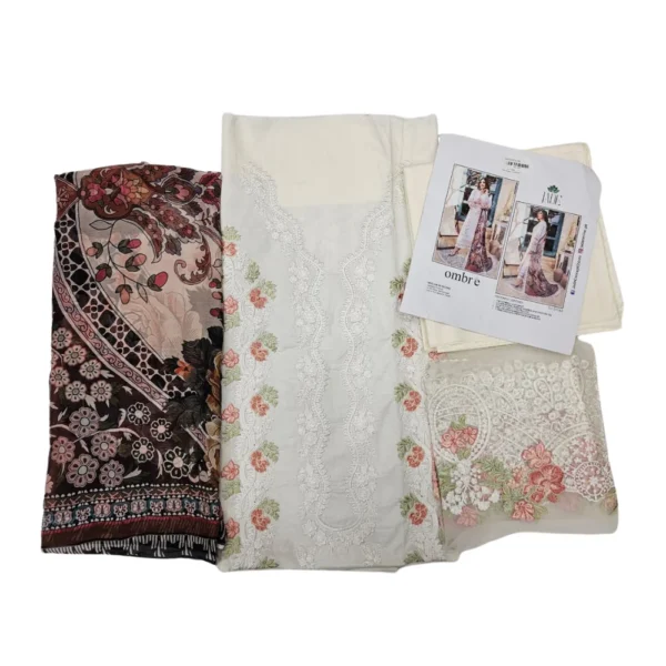 White & Brown Printed Motifs Pakistani Suit with Lace (Ombre)