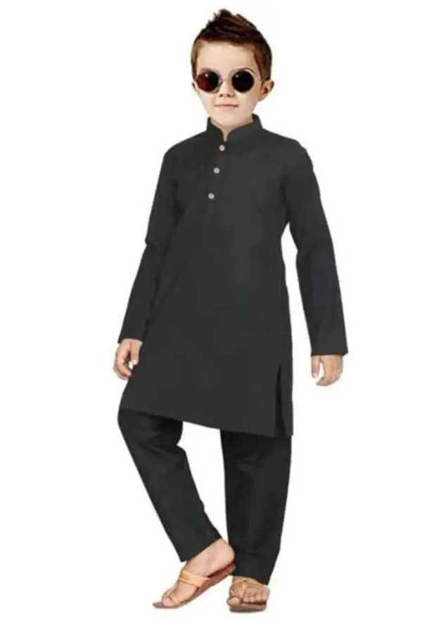 Black Pure Giza Cotton Plain Kids Kurta Pajama