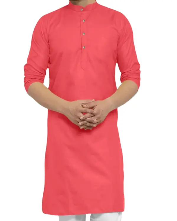 Coral Red Plain Kurta For Men