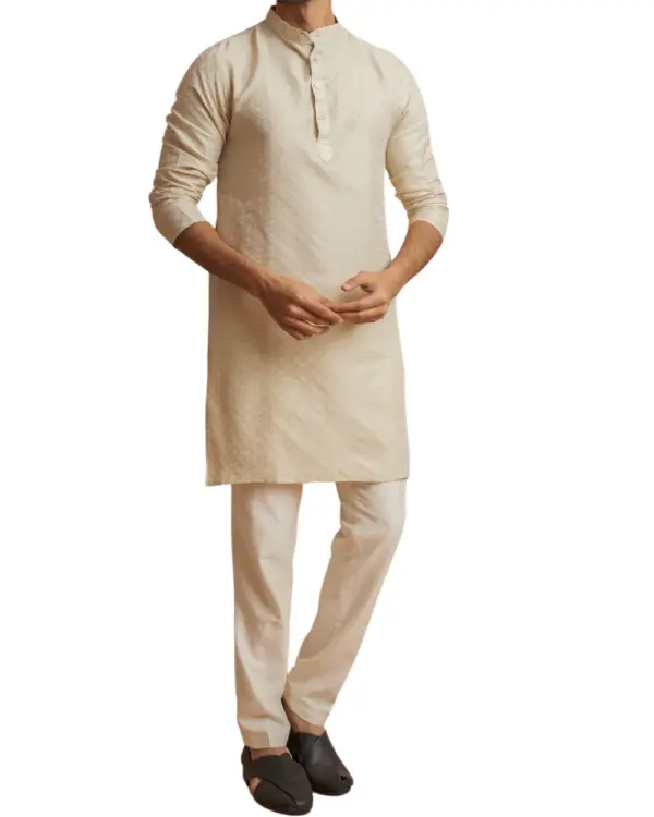 Cream Chikankari Kurta Pajama For Men with Ban Collar