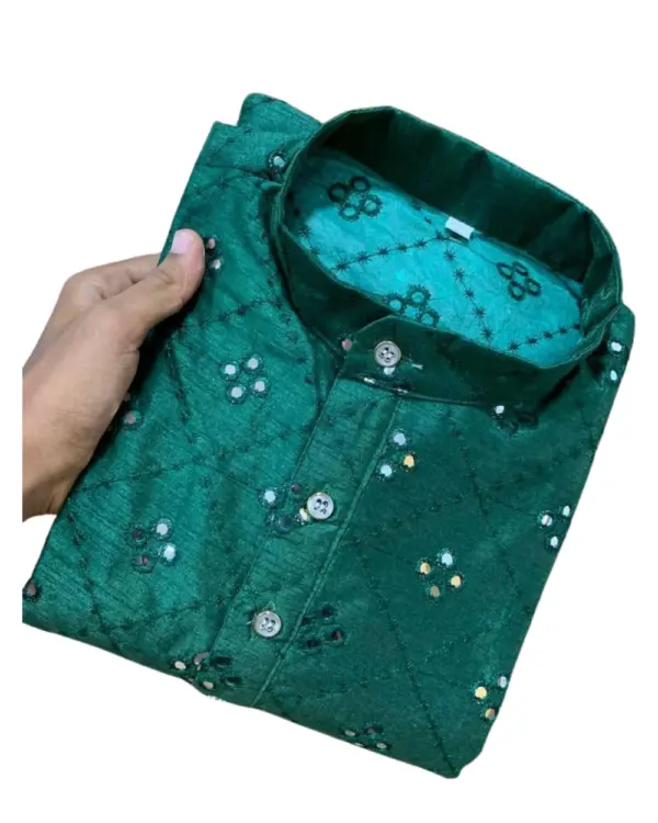 Dark Green Mirror Work Silk Kurta For Men