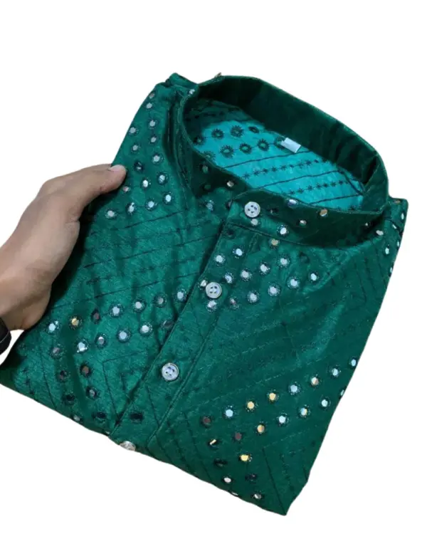 Dark Green Silk Kurta with Mirror Work For Men