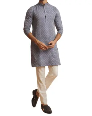 Grey Chikankari Kurta Pajama For Men with Ban Collar