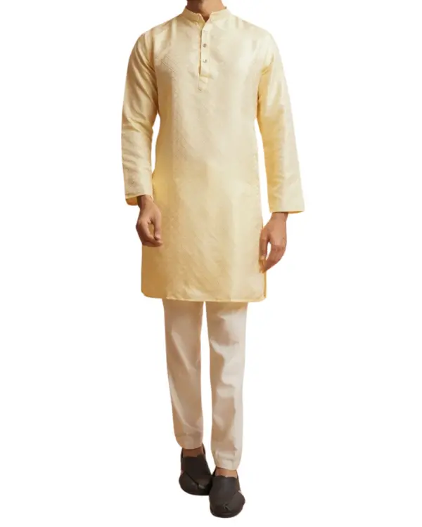 Light Yellow Chikankari Kurta Pajama For Men with Ban Collar