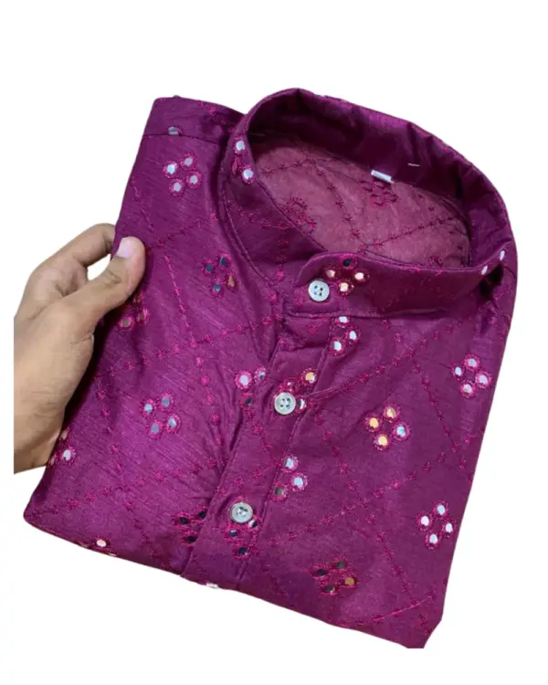 Magenta Pink Mirror Work Silk Kurta For Men