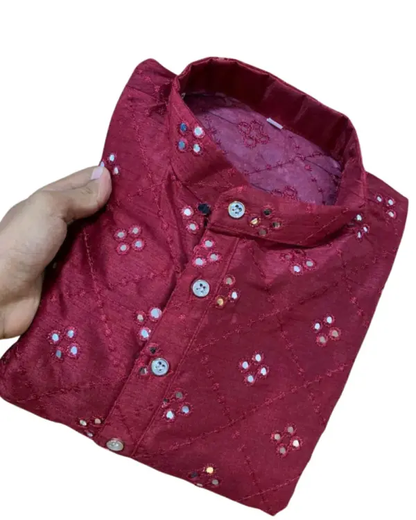 Maroon Mirror Work Silk Kurta For Men