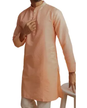 Peach Chikankari Kurta Pajama For Men with Ban Collar