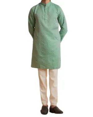 Pista Green Chikankari Kurta Pajama For Men with Ban Collar