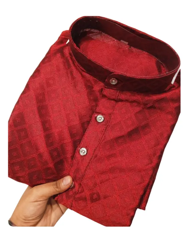 Red Kaju Katri Silk Kurta For Men