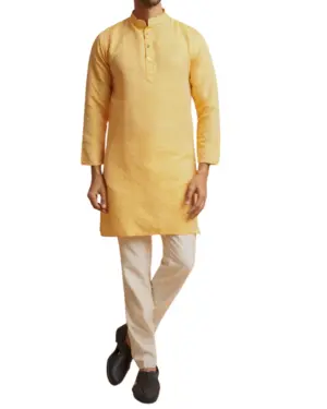 Yellow Chikankari Kurta Pajama For Men with Ban Collar