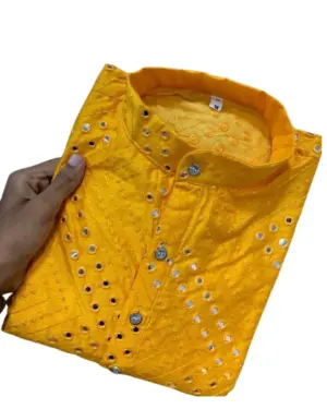 Yellow Silk Kurta with Mirror Work For Men