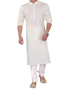 Cream Plain Silk Kurta Pajama for Men