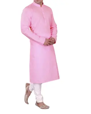 Pink Plain Silk Kurta Pajama for Men