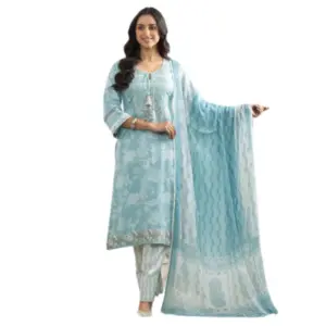 Sky Blue color Glace Cotton with Printed Duppata