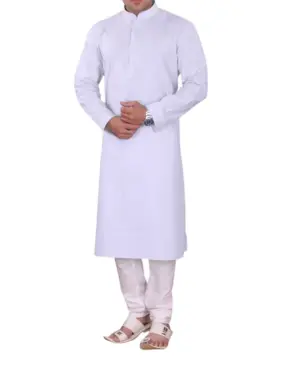 White Plain Silk Kurta Pajama for Men