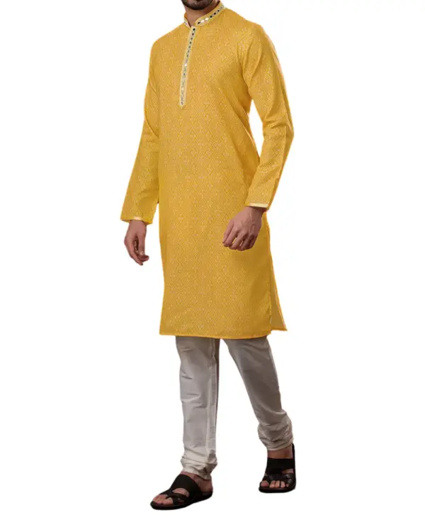 Yellow Printed Mirror Work Kurta Pajama For Men (Vidur)