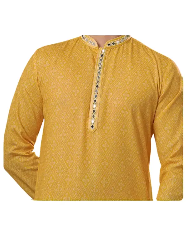 Yellow Printed Mirror Work Kurta Pajama For Men (Vidur)