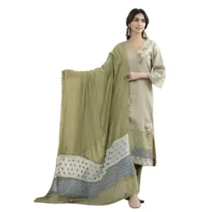 Green Glace Cotton Suit with Printed Duppata