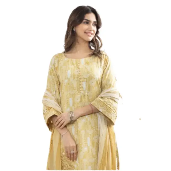 Yellow color Glace Cotton Suit with Printed Duppata