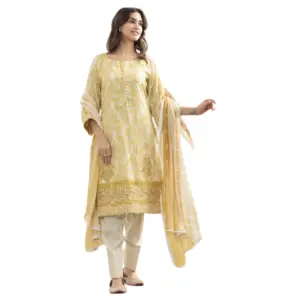 Yellow color Glace Cotton Suit with Printed Duppata