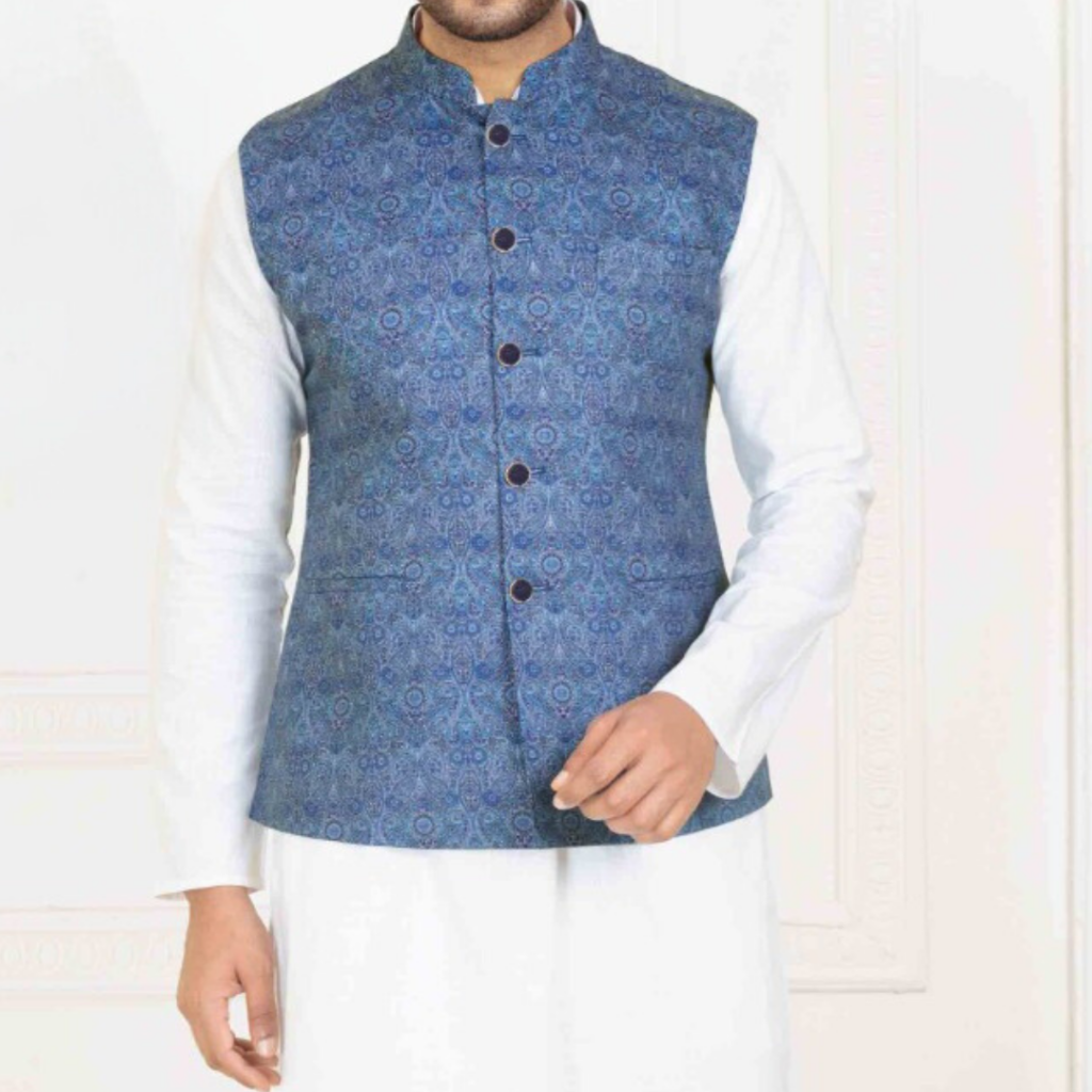 Blue Printed Nehru Jacket for Men