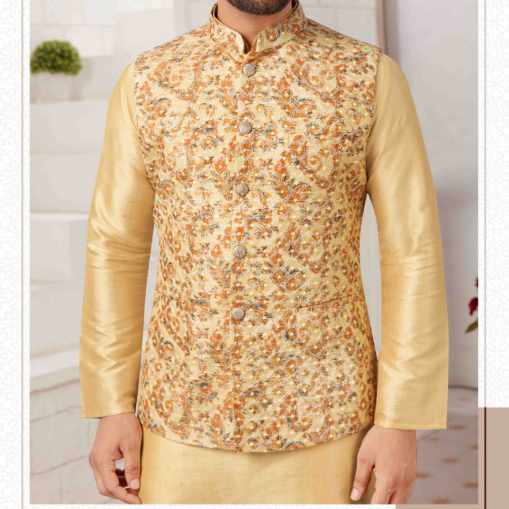 Lemon Yellow Printed Nehru Jacket for Men