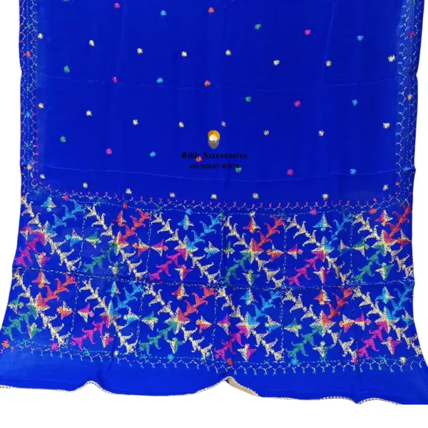 Blue Pure Chinon Patiala Handwork Phulkari with Heavy Palla