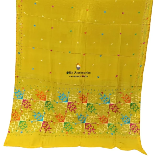 Citrine Yellow Pure Chinon Patiala Handwork Phulkari with Heavy Palla