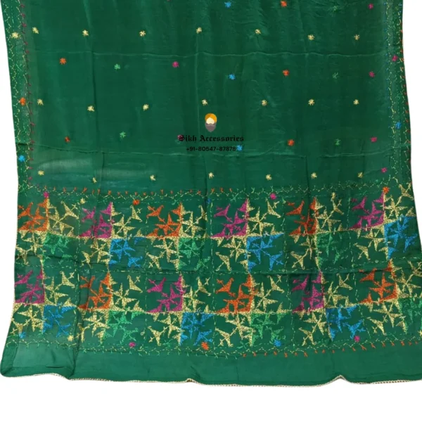 Dark Green Pure Chinon Patiala Handwork Phulkari with Heavy Palla