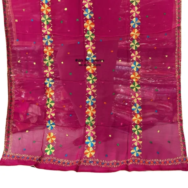 Raspberry Rose Semi Chinon Pure Patiala Handwork Phulkari with Heavy Palla