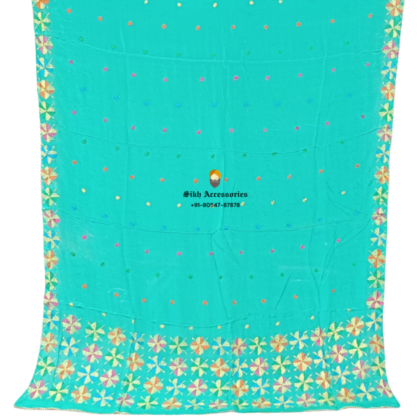 Turquoise Blue Pure Chinon Patiala Handwork Phulkari with Heavy Palla