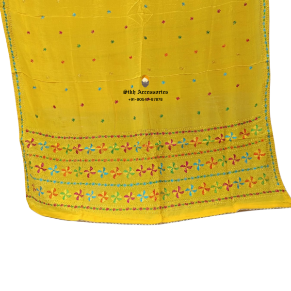 Yellow Pure Chinon Patiala Handwork Phulkari with Heavy Palla