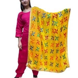 Plain Magenta Pink Suit With Gold Yellow Phulkari Dupatta