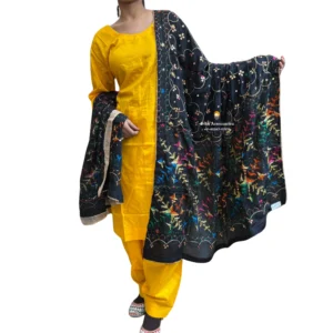 Plain Yellow Suit With Black Phulkari Dupatta