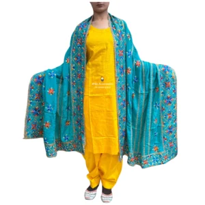 Plain Yellow Suit With Blue Phulkari Dupatta