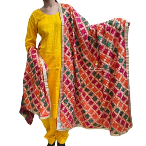 Plain Yellow Suit With Dark Multicolor Phulkari Dupatta