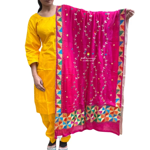 buy-plain-yellow-suit-with-dark-pink-phulkari-dupatta-online