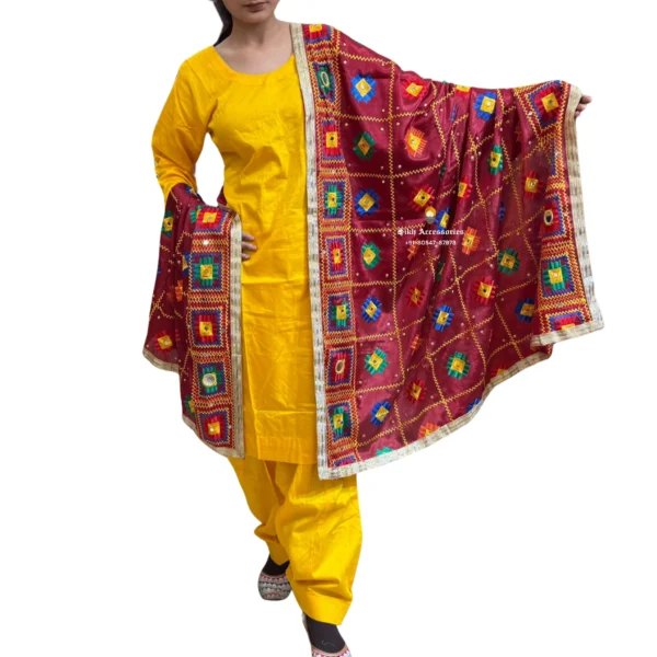 Plain Yellow Suit With Dark Red Phulkari Dupatta