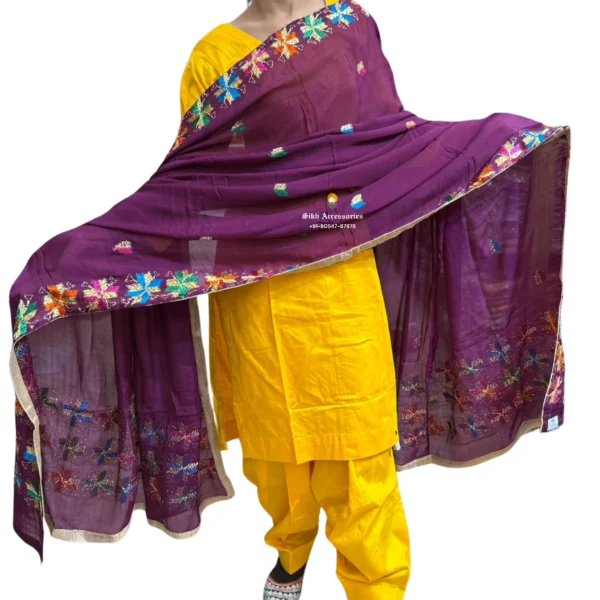 Plain Yellow Suit With Purple Phulkari Dupatta