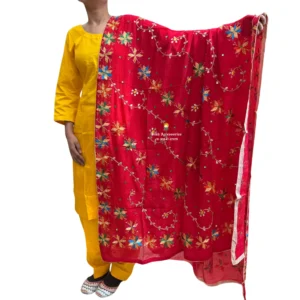 Plain Yellow Suit With Red Phulkari Dupatta